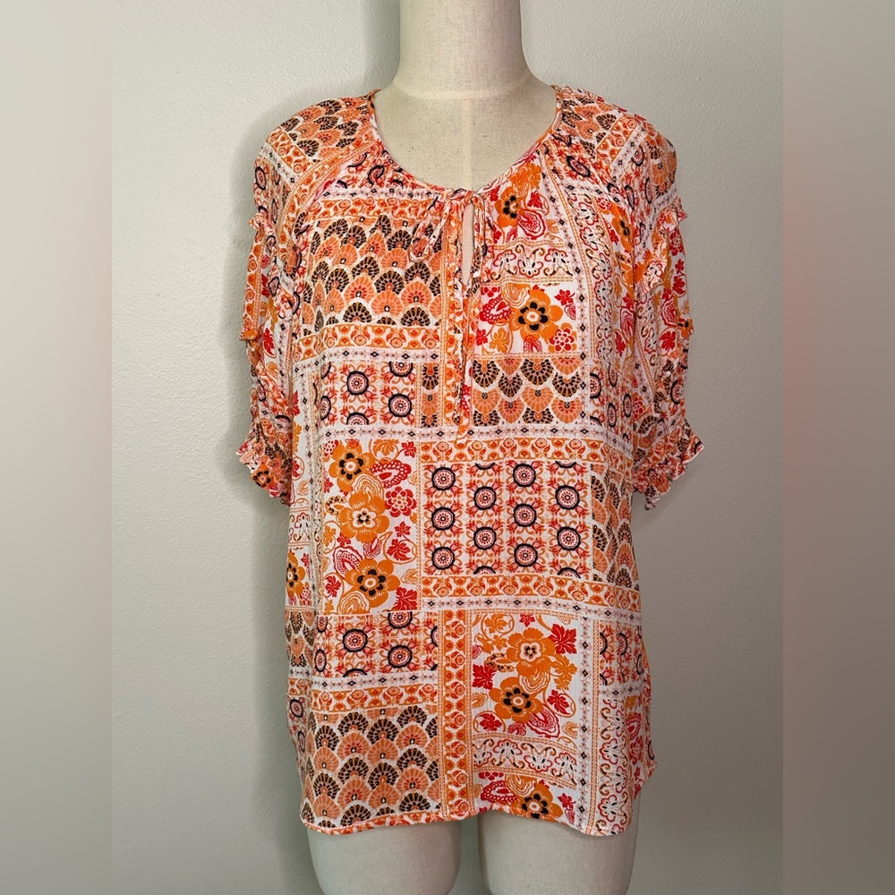 Eclair Orange Patterned Women’s Boho Top- Size Large